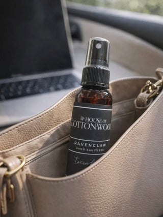 Hand sanitizer spray bottle, Ravenclaw scent, 2 oz, clear pump on leather bag