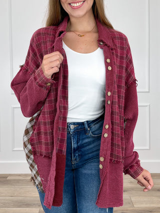 Berry plaid cotton-blend button-up long sleeve top with collar and front buttons