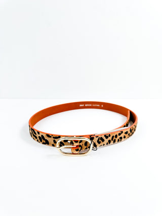 Leopard-print leather belt with orange trim and gold-tone buckle