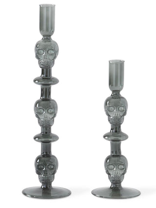 Clear glass skull candleholder with taper cup, candlestick style