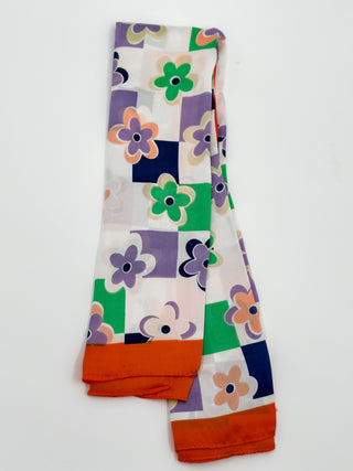 White base floral check multipurpose scarf with purple, green, and orange flowers