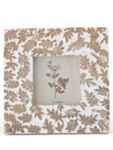 Wood picture frame with beige leaf pattern and square photo opening
