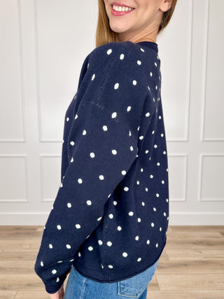 Navy knit button-up cardigan with white dot pattern, long sleeves, back view
