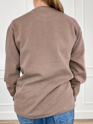 Brown long-sleeve crewneck sweatshirt back view, plain with ribbed hem and cuffs