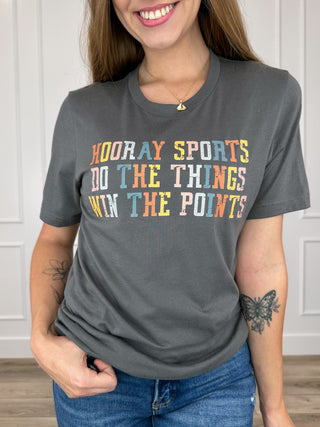 Grey short-sleeve cotton tee with colorful 'Hooray Sports' text graphic