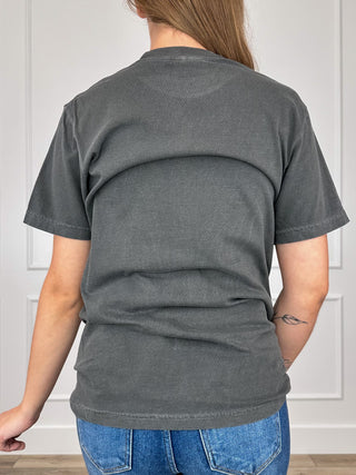 Grey short-sleeve cotton graphic tee shirt with crew neck and plain back