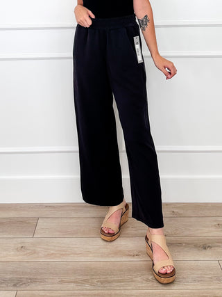 High-rise wide-leg pull-on pants, black with elastic waistband