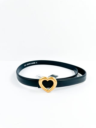 Black leather belt with gold heart buckle and adjustable holes