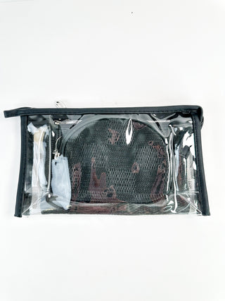 Black knit travel pouch set bag, clear mesh zip front rectangular case