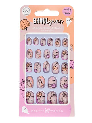 Kids press-on nails set with cute cartoon ghoul nail designs, 24 pieces