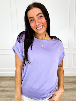 Lightweight short-sleeve top in lavender purple, crew neck, draped gathered hem