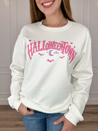 Halloween Nostalgia Cotton Blend Long Sleeve White Avery Mae Graphic Crewneck Sweatshirt (Gildan)