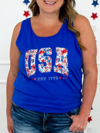 Petals & Patriotism Cotton Blue Avery Mae Graphic Tank Top (Bella+Canvas)