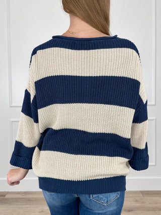 Striped cotton sweater top with 3/4 sleeves, cream and navy blue horizontal bands