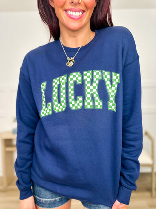 Luck is Trending Cotton Blend Long Sleeve Navy Avery Mae Graphic Crewneck Sweatshirt