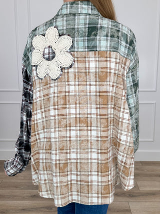 Back view plaid cotton-blend long-sleeve button-up shirt with white floral applique, multi-color