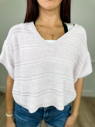 Just Stopping By Knit Short Sleeve Purple Avery Mae Cropped Sweater Top