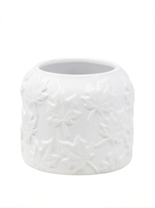 White ceramic jar with raised floral leaf pattern and wide rim
