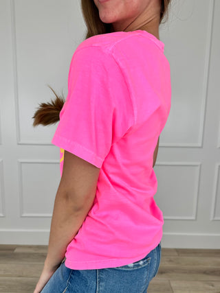 Pink cotton short-sleeve crewneck tee, side view.