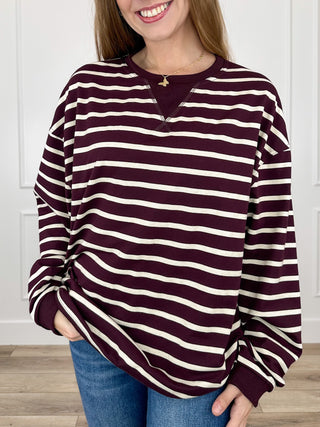 Ribbed long-sleeve henley striped top in deep plum and white horizontal stripes