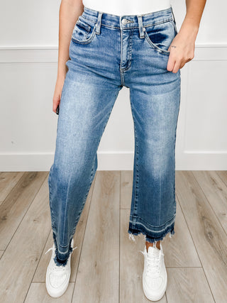 Saige Kinley Tummy Control Wide Leg Cropped Jeans - Medium Wash (Release Hem, Distressed)