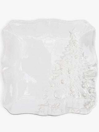 White ceramic holiday platter with raised Christmas tree and ornaments detail