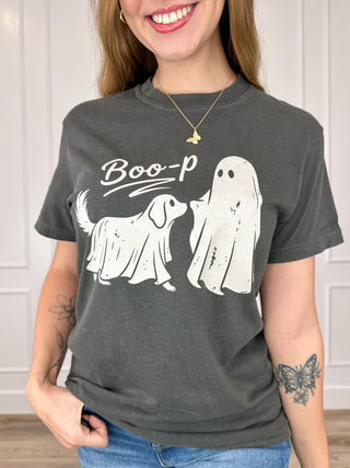 Spooky Snoot Boo-p Cotton Short Sleeve Grey Avery Mae Graphic Tee Shirt (Comfort Colors)