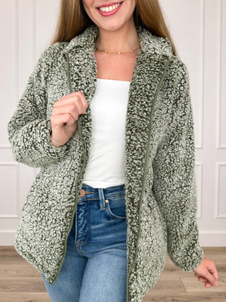 Green sherpa long sleeve jacket with zip front and stand collar, side pockets