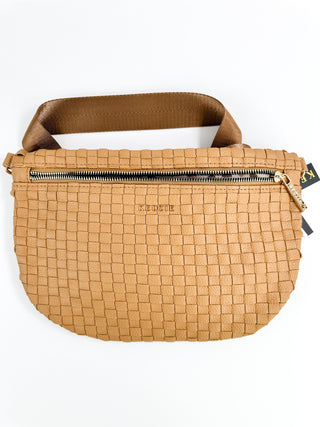 Tan woven crossbody sling bag with zip top and adjustable shoulder strap