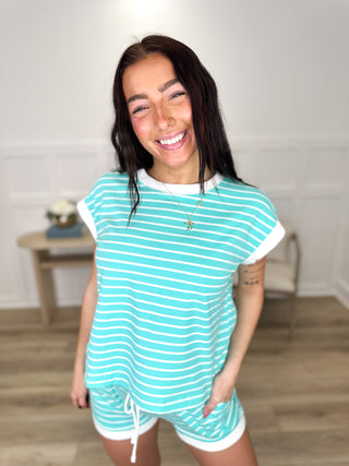 Mint green striped cotton-blend tee and high-rise shorts set with drawstring
