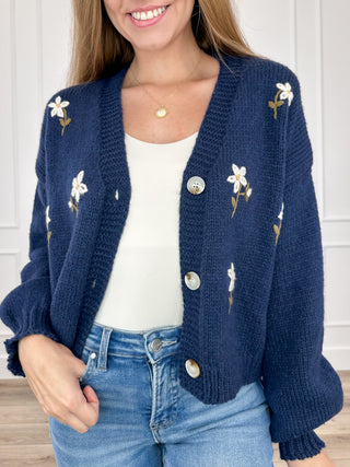 Trust in the Good Times Knit Long Sleeve Blue Avery Mae Button Up Mom Cropped Cardigan