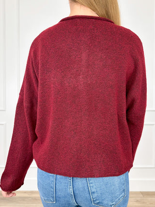 Wine red knit long-sleeve button cardigan, back view, rounded hem