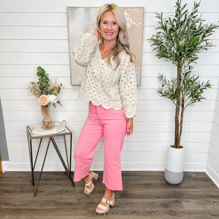 Judy Blue Sky Tummy Control High Rise Wide Leg Cropped Pink Jeans