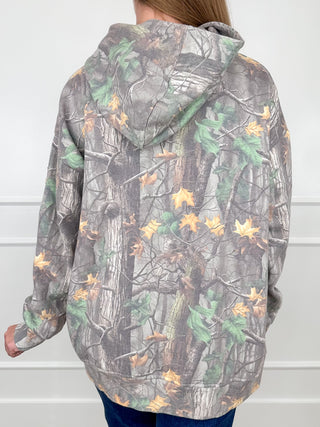 Camo print cotton-blend hoodie sweatshirt with hood and full back graphic pattern
