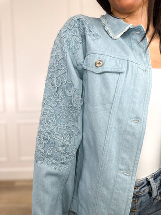 Cotton long-sleeve denim jacket, light wash with lace-texture sleeves and button flap pockets