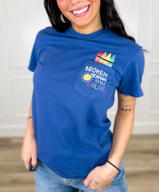 Broken Crayons Color Cotton Short Sleeve Blue Avery Mae Graphic Tee Shirt