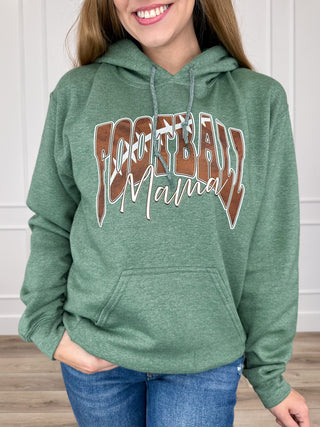 Green long-sleeve hoodie with kangaroo pocket and "Football Mama" graphic front