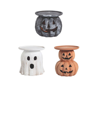Set of three Halloween pillar stands: dark jack-o’-lantern, white ghost, orange pumpkin