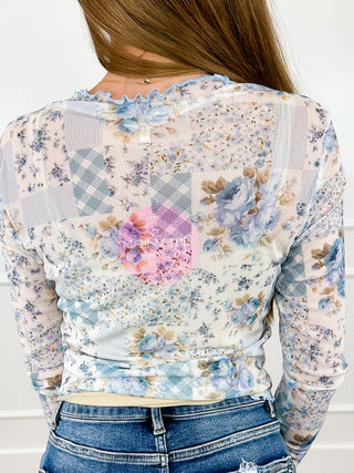 Don't Let it Go Sheer Mesh Long Sleeve Blue Avery Mae Mom Cropped Top