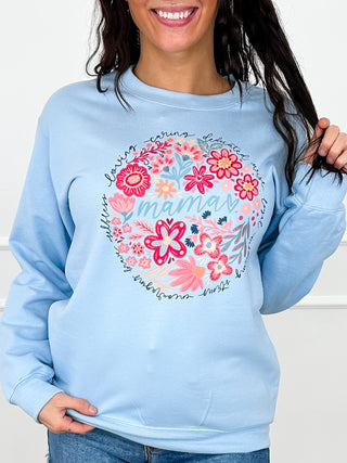 Inspiring Mama Cotton Blend Long Sleeve Blue AVery Mae Graphic Crewneck Sweatshirt (Gildan)