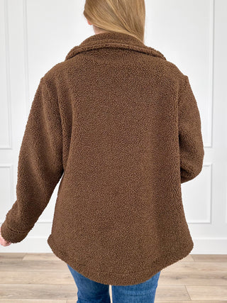 Brown sherpa long-sleeve jacket back view with relaxed shoulders and full length
