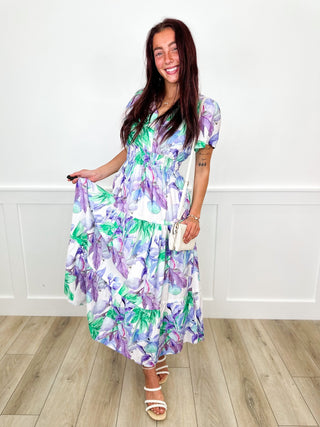 Floral tiered midi dress with short sleeves, multicolor purple green blue