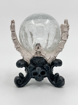 LED globe decor with clear cracked globe, skull centerpiece, dark ornate base