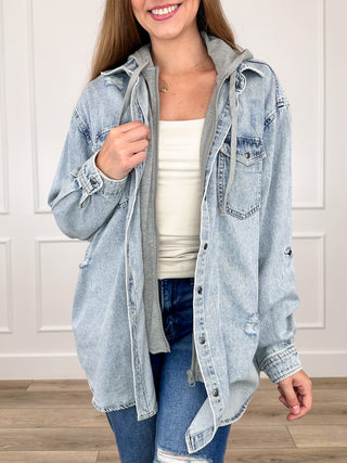 Distressed acid-wash denim long-sleeve hoodie jacket with front pockets and button placket
