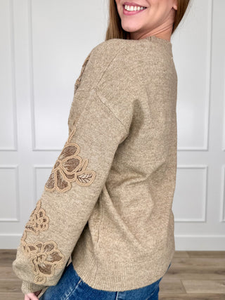 Tan Avery Mae knit long sleeve sweater top with floral lace sleeve detail