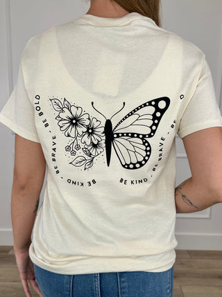Cream cotton short sleeve graphic tee, butterfly floral back print