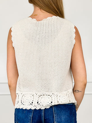 Oat knit sleeveless tank top with open-knit back and scalloped crochet hem