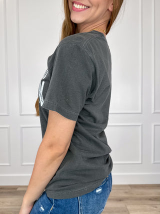 Grey short-sleeve crewneck cotton tee, side view with small front print detail