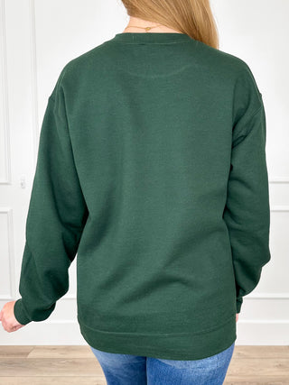 Green crewneck sweatshirt with long sleeves, plain back view