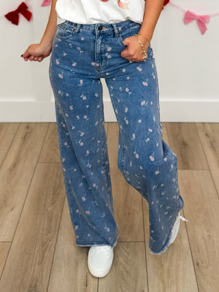 Easel Sweetheart Cherries High Rise Cotton Blend Medium Wash Bottoms